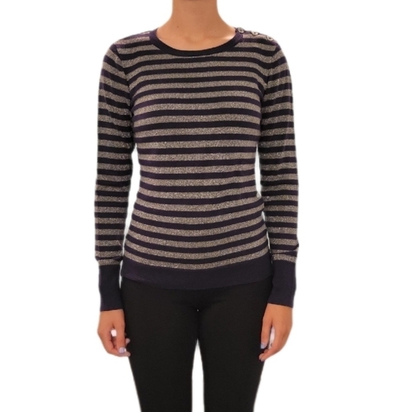 Nautica Women's navy & silver striped crew neck sweater w/ button detail…‎ - Picture 1 of 9